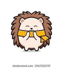 Cute hedgehog wearing scarf character cartoon icon illustration. Design isolated flat cartoon style