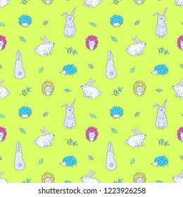 Cute hedgehog and white hare seamless pattern in neon colors. Vector cartoon illustration for children