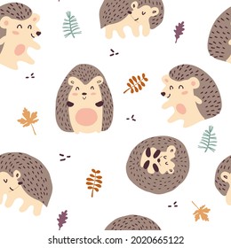 Cute hedgehogs in autumn forest background. Fall season Seamless pattern for kids. Fabric, textile, wallpaper design. Vector