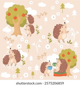 cute hedgehogs, autumn, harvest, hedgehogs drinking tea, hedgehog family, funny, children, picking apples, farm