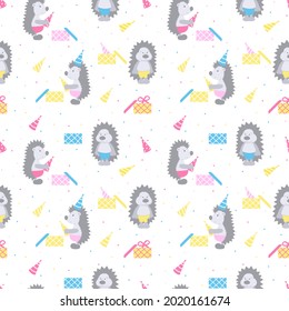 Cute hedgehogs celebrate birthday vector illustration. Seamless pattern on a white background.