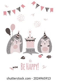 Cute hedgehogs celebrate holidays. Wishes card. Hand drawn vector illustration in scandinavian style