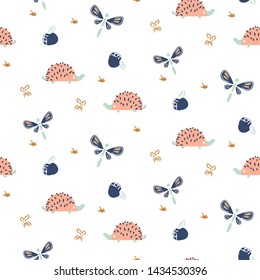 Cute hedgehogs and dragonflies forest pattern on white seamless background.