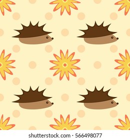 Cute hedgehogs and flowers on background of polka dots. Seamless pattern for children. Brown, orange, yellow, beige, pink.