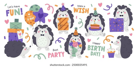 Cute hedgehogs forest animal holding gift present box, balloon, flowers , festive cake celebrating or congratulating with happy birthday party event. Funny kawaii holiday mascot vector illustration