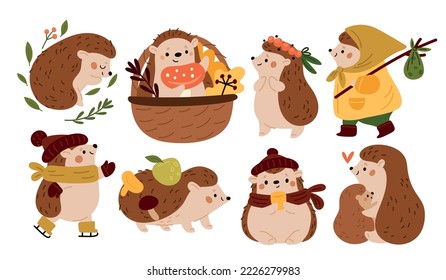 Aburrido erizo. Mamíferos espinosos divertidos. Animales del bosque de dibujos animados con champiñones de otoño y cesta de frutas. Personajes adorables de la vida salvaje. Abrazo de padre y cachorro. Naturaleza salvaje. Garish