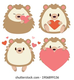 Cute hedgehogs with hearts. 
Four cute hedgehogs with hearts will be a great addition to a greeting card or greeting for Valentine's Day, and can also be used as a stickers. 
Happy Valentine's Day!