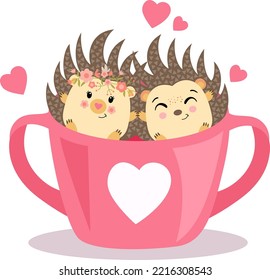 Cute hedgehogs inside the tea cup of love
