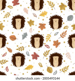 Cute hedgehogs with leaves. Seamless autumn pattern for fabric, wrapping papper.