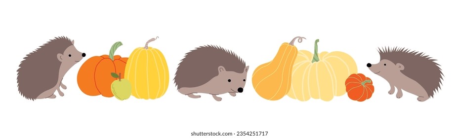 Cute hedgehogs with many different pumpkin and apples. Horizontal autumn banner in flat stile. Hedgehogs among pumpkins. Adorable hedgehog with fall orange vegetables. Vector illustration