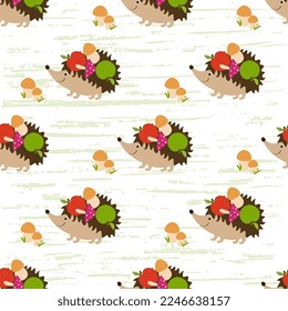 Cute hedgehogs with mushrooms and apples on the back on a textured background. Vector seamless childish animals cartoon pattern