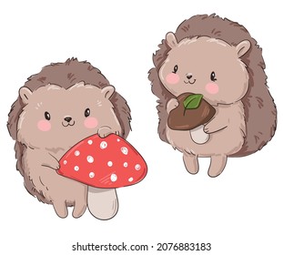 Cute Hedgehogs and mushrooms isolated on white background cartoon character vector illustration