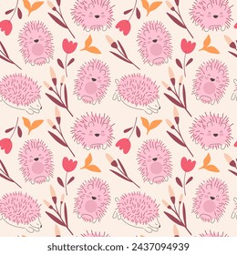 Cute hedgehogs on a light background seamless pattern. Vector illustration