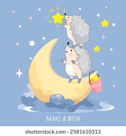 cute hedgehogs on the moon, hedgehogs collecting stars, star light, make a wish, night, starry sky, background for children, childhood, album, dream, adventure, cloud