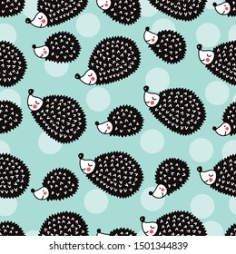 Cute hedgehogs and polka dots on a mint background. Children's vector seamless pattern.Can be used in textile industry, paper, background, scrapbooking.
