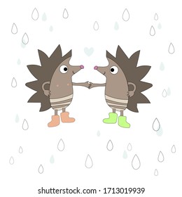 Cute hedgehogs in rain. Vector illustration isolated on wite background. Cartoon character for children,textile,prints,wrapping,greeting cards.
