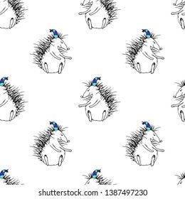 Cute hedgehogs. Seamless pattern.  Hand drawn vector illustration.
