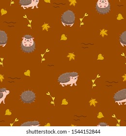 Cute hedgehogs seamless pattern. Vector graphics.