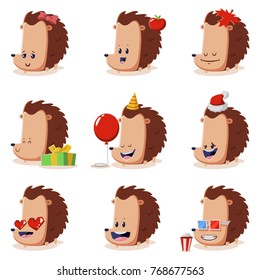 Cute hedgehogs set isolated on a white background. Vector cartoon character of funny animals in costumes and with different emotions.