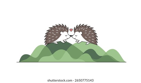 Cute hedgehogs sharing a sweet kiss atop rolling green hills with a tiny heart floating above
