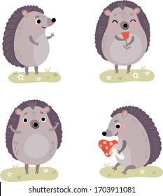 Cute hedgehogs. Vector characters set