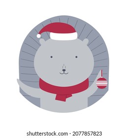 Cute hedhehog in a hat and a scarf with christmas ball. Vector illustration for cards, invitations, stickers, t-shirts