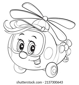 cute helicopter character with big naive eyes in a black outline looking for a master, isolated object on a white background, vector illustration