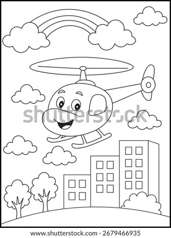 Cute Helicopter Coloring Page for Children. Cartoon Aircraft with Rainbow and City for Kids and Toddlers.