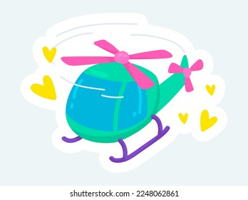 Cute helicopter flying in sky. Aviation transport and flights. Vector illustration in cartoon sticker design