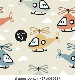 Cute Helicopter Seamless Pattern with Playful Typography for Kids Background 
