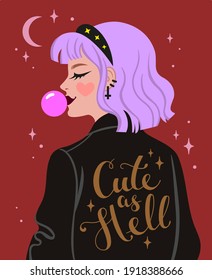 Cute as hell text. Young goth girl  blowing bubble from chewing gum. Vector illustration in flat style