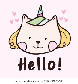 Cute hello cat unicorn poster design vector