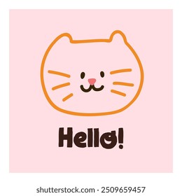 Cute Hello, Hi, greeting card. Kawaii funny kitty, scribble doodle postcard design in simple naive style. Happy feline head, kitten face with whiskers, sketch. Childish kids flat vector illustration