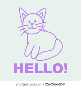 Cute Hello, Hi, greeting card. Kawaii funny kitty, scribble doodle postcard design in simple naive style. Happy feline head, kitten face with whiskers, sketch. Childish kids flat vector illustration