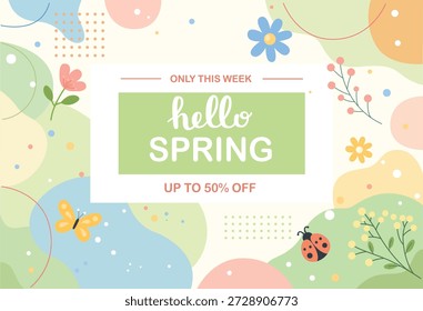 Lindo Anuncio de primavera Hello con letras y Formas abstractas. Ilustración vectorial dibujada a mano. Flyer de venta de primavera.