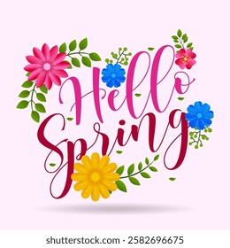 Cute Hello Spring card background or poster for spring holidays with floral and leaf elements. Template for Easter, birthday or Mother's Day decoration and greetings
