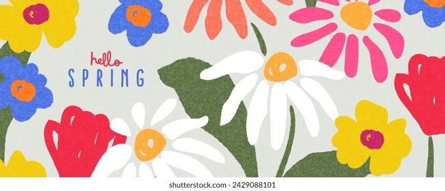 Cute Hello Spring card or horizontal poster for spring holidays with wildflowers, daisies, and tulips pattern. Hand drawn Floral art template for Easter,, birthday or Mothers Day decor and greetings