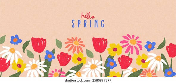 Cute Hello Spring card or horizontal poster for spring holidays with wildflowers, daisies, and tulips pattern. Hand drawn Floral art template for Easter, birthday or Mothers Day decor and greetings