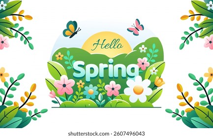 Cute Hello Spring card or horizontal poster for spring holidays with wildflowers, butterflies, and green foliage. Hand drawn floral art template for Easter, birthday, or Mothers Day decor.	