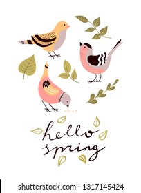 Cute "Hello spring" design for card, flyer or banner with birds, leaves and hand drawn inscription. Vector colorful illustration with lettering, flat style, isolated.