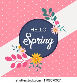 Cute Hello Spring floral vector illustration, design banner template