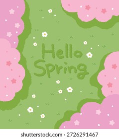Linda ilustración de "Hello Spring" con un prado verde con Pequeñas flores blancas y cerezos rosas. Dulce fondo de estilo dibujado a mano perfecto para saludos de temporada y carteles.