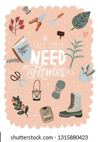 Cute Hello Spring set with hand drawn garden elements, tools and romantic lettering. Good template for web, card, poster, sticker, banner, invitation, wedding. Vector illustration
