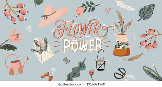 Cute Hello Spring set with hand drawn garden elements, tools and romantic lettering. Good template for web, card, poster, sticker, banner, invitation, wedding. Vector illustration