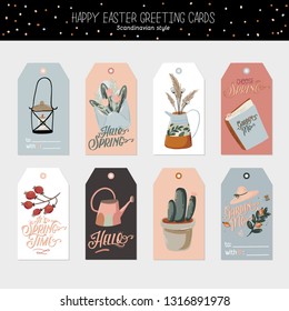 Cute Hello Spring set with hand drawn garden elements, tools and romantic lettering. Good template for web, card, poster, sticker, banner, invitation, wedding. Vector illustration
