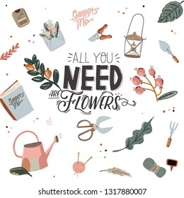 Cute Hello Spring set with hand drawn garden elements, tools and romantic lettering. Good template for web, card, poster, sticker, banner, invitation, wedding. Vector illustration