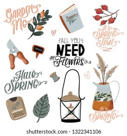 Cute Hello Spring set with hand drawn garden elements, tools and romantic lettering. Good template for web, card, poster, sticker, banner, invitation, wedding. Vector illustration
