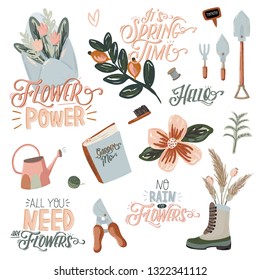 Cute Hello Spring set with hand drawn garden elements, tools and romantic lettering. Good template for web, card, poster, sticker, banner, invitation, wedding. Vector illustration