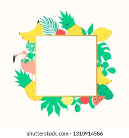 Cute hello summer frame with fruits, palm tropical leaves and flamingo. Beach party border. Vector elements.