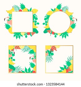 Cute hello summer fruit frame set with palm tropical leaves, flamingo, pineapple, watermelon. Beach party border. Vector elements.